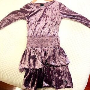 Pixie Lane Crushed Velvet Purple Long Sleeve Dress, tiered skirt, smocked Size 8